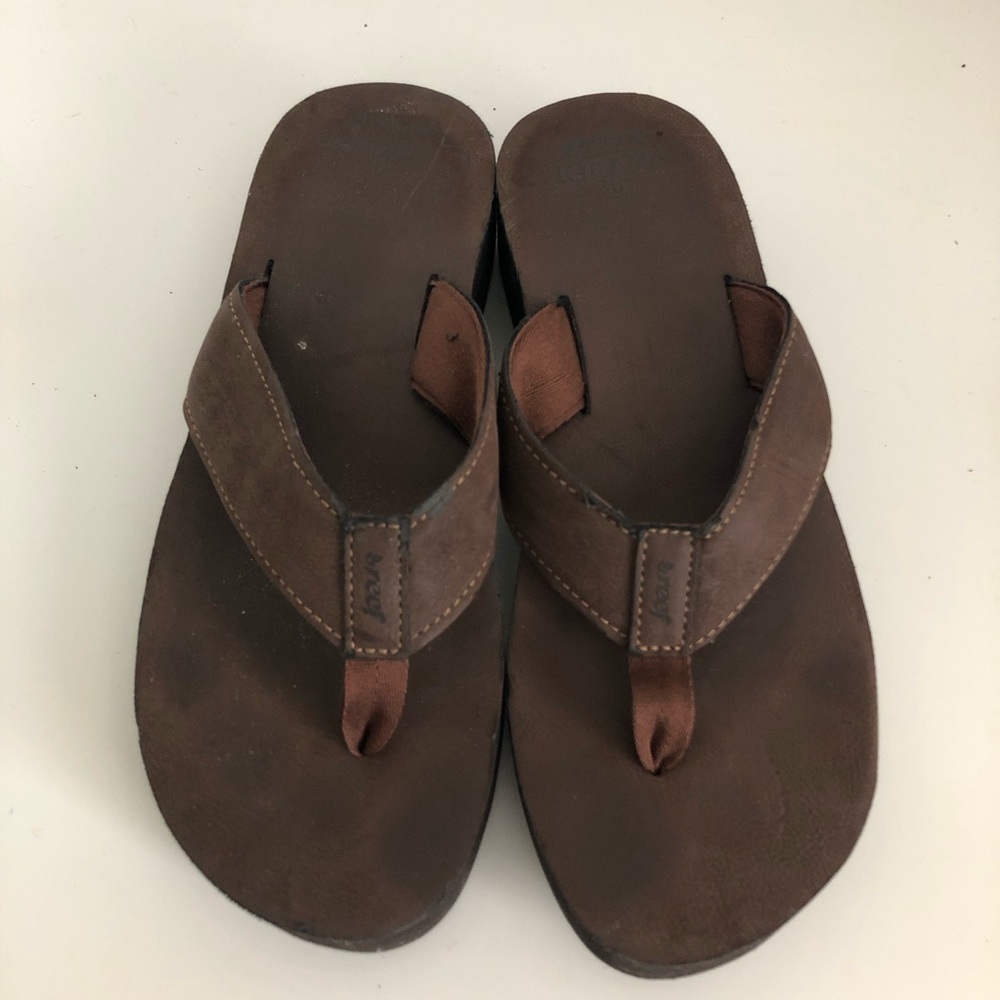 Reef Cushion Brown Leather Wedge Flip Flop Sandals